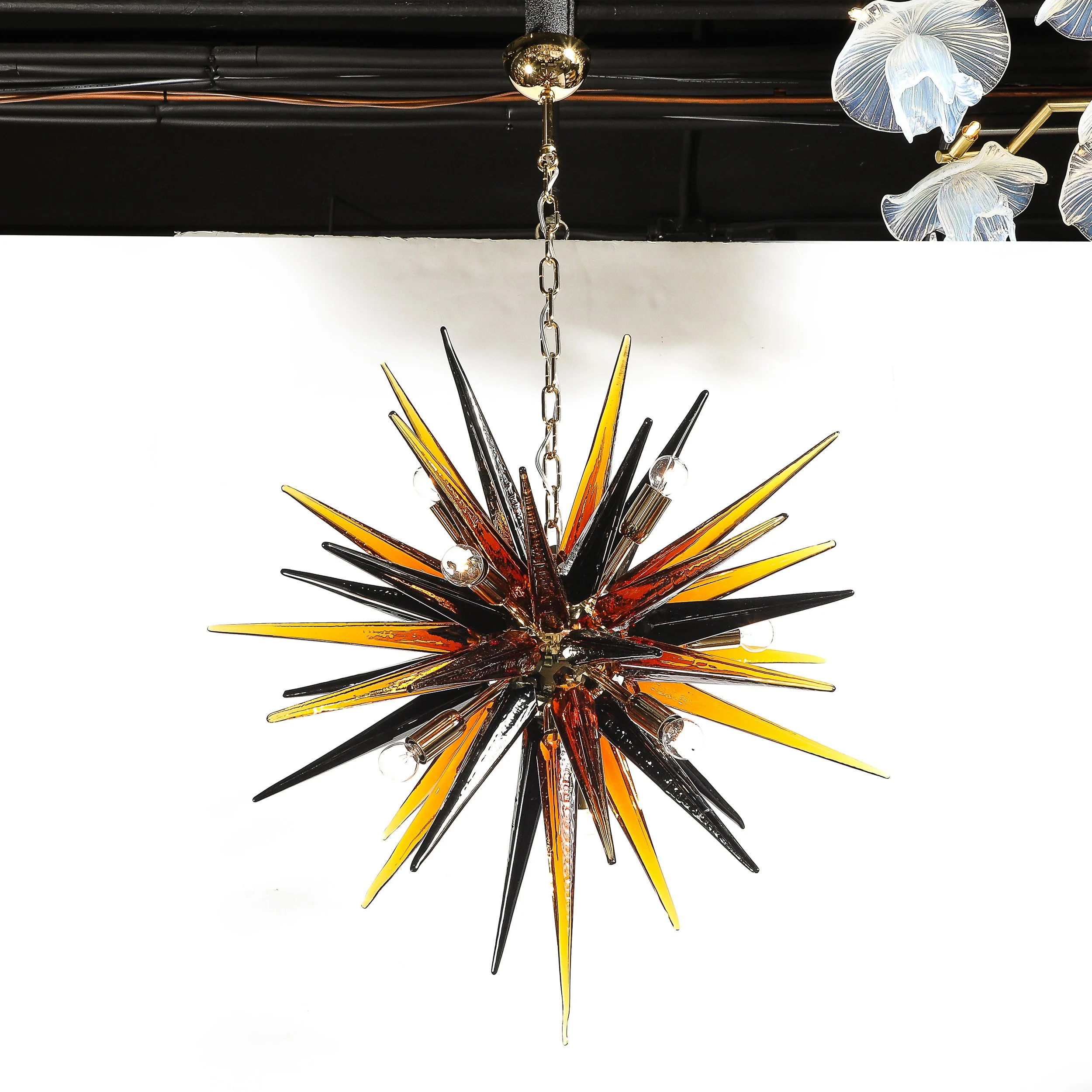 Modernist Brass Starburst Chandelier w/ Clear, Smoked & Graphite